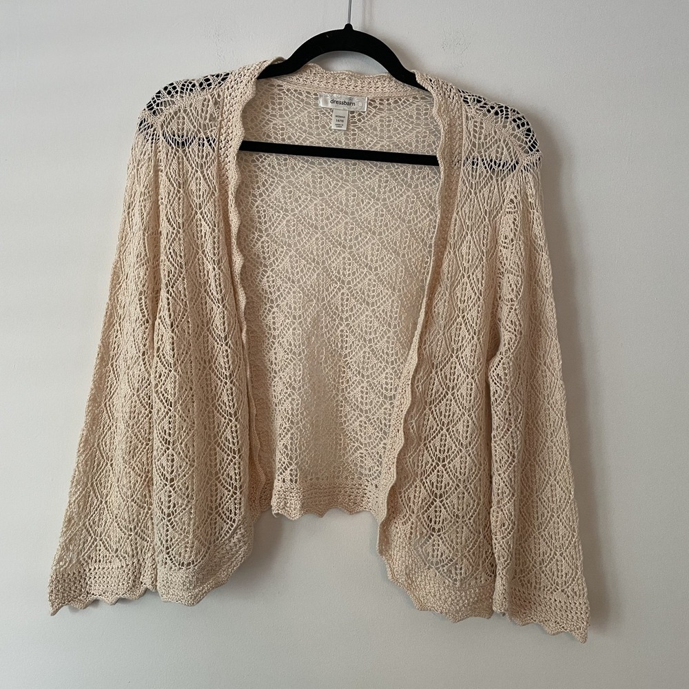 Crochet Knit Open Front Crop Cardigan Sweater XL Cottage Grandma Layer Scalloped